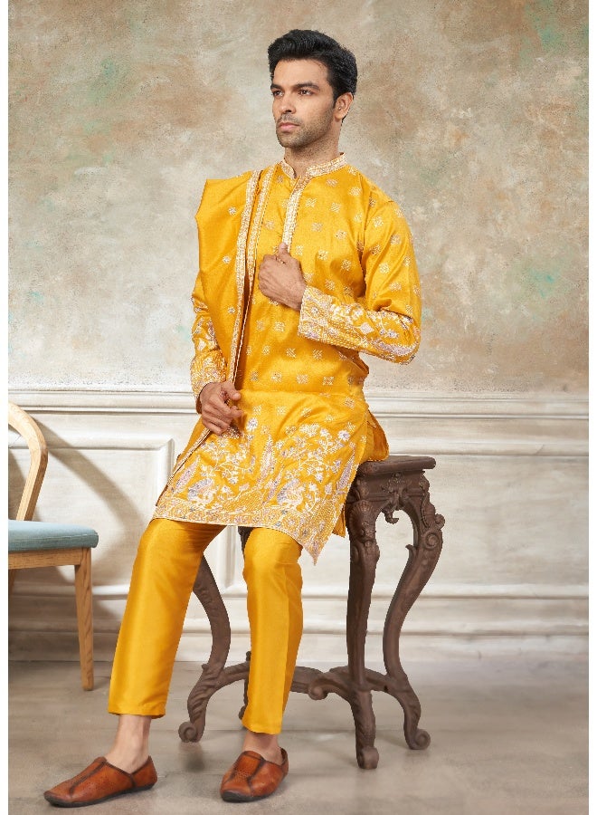 OUTLUK Yellow Embroidered Kurta and Pajama for Men - Image 3